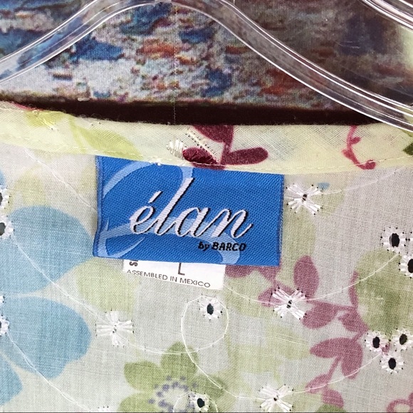 Elan by Barco Green Floral Print with Eyelet Scrubs Top Smock Size Large - Picture 5 of 6